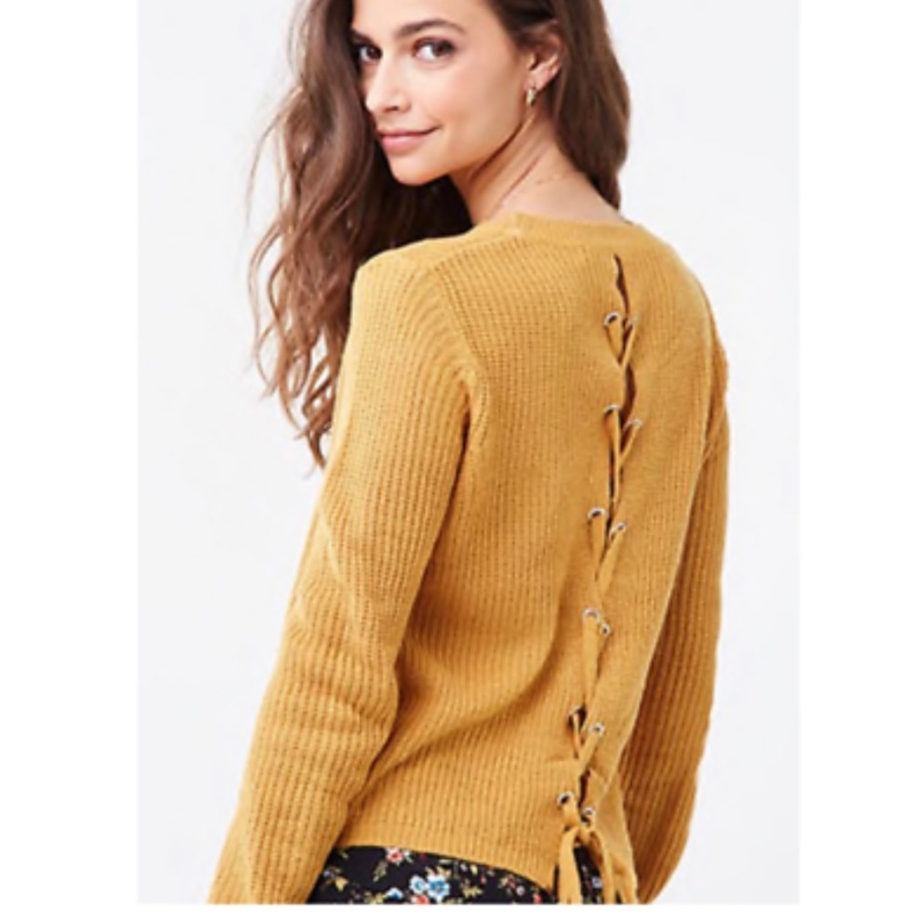BOUTIQUE BACK LACE-UP RAGLAN LONG SLEEVE LOW-GAUGE MUSTARD SWEATER SIZE L